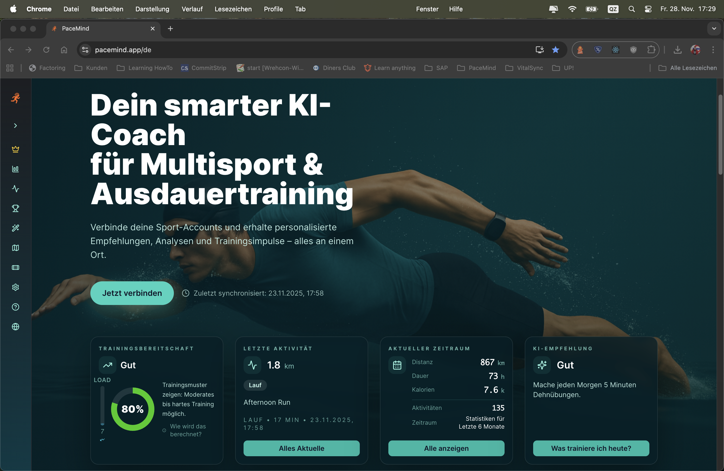 PaceMind Dashboard mit Trainingsübersicht, Readiness Score, letzter Aktivität und KI-Tipp